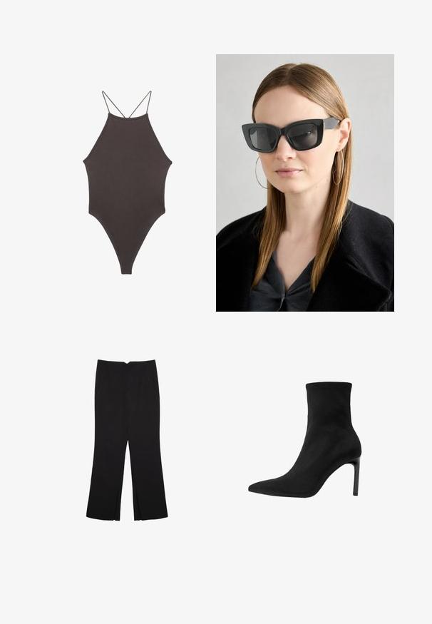 Smeđi jednodijelni kupaći kostim s visokim ovratnikom i tankim, prilagodljivim trakama; ima visoko izrezane nogavice i glatku teksturu. Bez uzoraka ili dekoracija.; Crne hlače ravnog kroja, s prednjim džepovima i bočnim prorezima na rubu. Izrađene od mekog i glatkog materijala. Pogodne za razne prigode.; Crne gležnjače od glatke nubuk kože, s izdignutim nosom i visokim stileto potplatom. Elegantni, minimalistički dizajn bez ukrasa.; Crne mačje naočale s tamnim staklima, debelim okvirima i suptilnim detaljima. Nosit će se s crnim kaputom i sivoj majici, s dugom ravnom kosom.