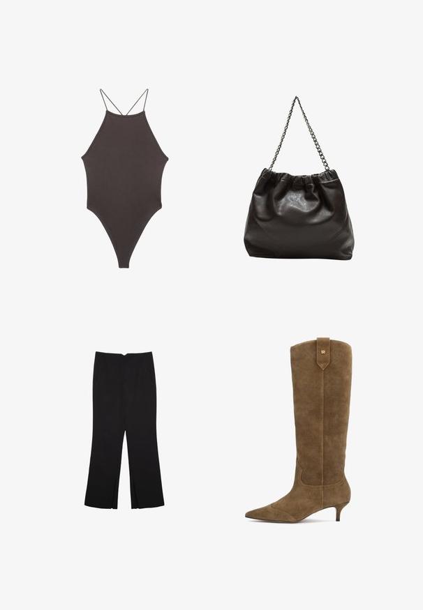 Brown, high-neck one-piece swimsuit with thin, adjustable straps; features a high-cut leg and smooth texture. No patterns or embellishments.; Black trousers with a straight fit, featuring front pockets and side slits at the hem. Made of soft, smooth fabric. Suitable for various occasions.; Suede knee-high boot in olive green with a pointed toe and 2-inch heel, featuring a stitched design and a back tab with a gold accent.; Brown leather bag with a gathered top and a chain strap. Smooth texture with a glossy finish and subtle seam detailing on the sides.