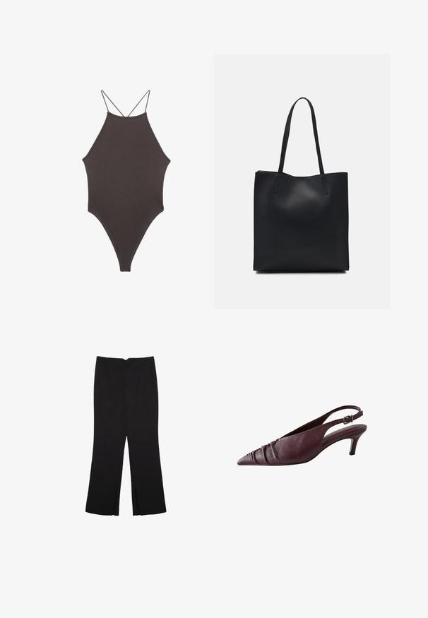 Brown, high-neck one-piece swimsuit with thin, adjustable straps; features a high-cut leg and smooth texture. No patterns or embellishments.; Black trousers with a straight fit, featuring front pockets and side slits at the hem. Made of soft, smooth fabric. Suitable for various occasions.; Burgundy leather slingback shoes with a pointed toe, featuring gathered texture at the front and a slim, structured heel. Adjustable strap.; Black leather tote bag with smooth texture, rectangular shape, and two long handles. No visible hardware or embellishments.