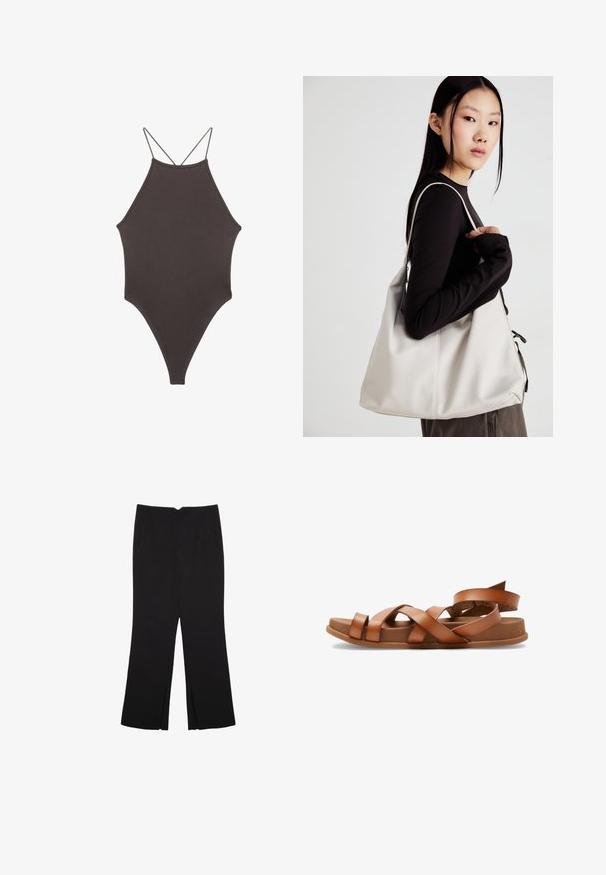Hnědé, jednodílné plavky s vysokým krkem a tenkými, nastavitelnými ramínky; mají vysoký střih nohavic a hladkou texturu. Žádné vzory ani ozdoby.; Černé kalhoty s rovným střihem, s předními kapsami a bočními rozparky na lemu. Vyrobené z jemné, hladké tkaniny. Vhodné na různé příležitosti.; Hnědé kožené sandály s křížovými popruhy, plochou podrážkou a mírně vyvýšeným podpatkem. Měkká textura a minimalistický design.; Beige kabelka vyrobená z měkkého materiálu, s volným designem, prošívanými detaily a dvěma ramenními popruhy. Vhodná pro každodenní použití.