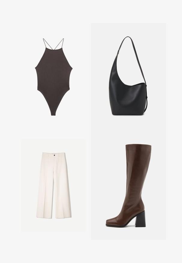 Brun, hög nacke baddräkt med tunna, justerbara remmar; har högskuren ben och slät textur. Inga mönster eller dekorationer.; Krämfärgade byxor med vida ben och skräddarsydd design, med två framfickor och en enda knappstängning fram, tillverkade av ett smidigt tyg.; RAID RENZO - Stövel - brown; Svart läder hobo-väska med en slät textur, kurvig form och en justerbar axelrem; har en bred öppning upptill.
