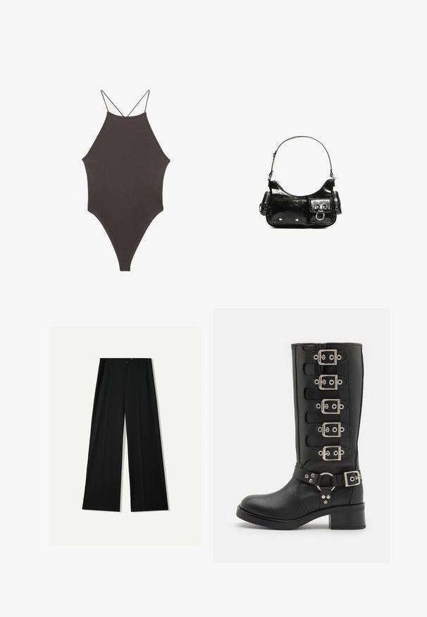 Brązowy jednoczęściowy kostium kąpielowy z wysokim dekoltem i cienkimi, regulowanymi ramiączkami; charakteryzuje się wysokim krojem nogawek i gładką teksturą. Bez wzorów ani ozdób.; Bershka WIDE czarny; Czarne botki do kolan wykonane z gładkiej skóry, z sześcioma srebrnymi klamrami, szerokim paskiem z pierścieniem O i solidnym obcasem w kształcie bloku.; Czarna torebka z lakierowanej skóry o zaokrąglonym kształcie, z jednym paskiem na ramię, przednimi kieszeniami i akcentami w kolorze srebrnym.
