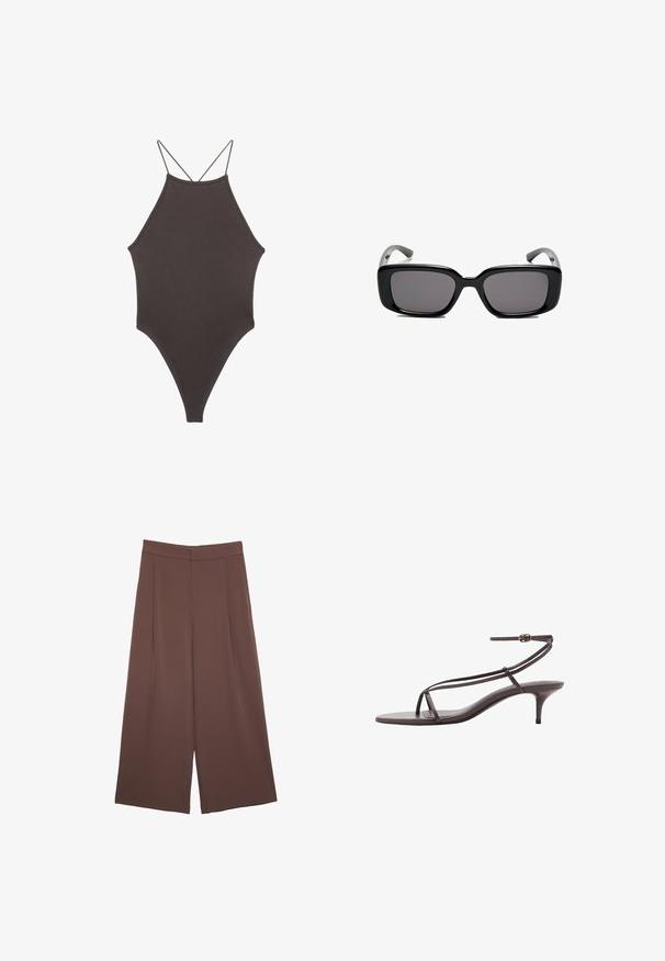Brauner, hochgeschlossener Badeanzug mit dünnen, verstellbaren Trägern; zeichnet sich durch einen hohen Beinschnitt und eine glatte Textur aus. Keine Muster oder Verzierungen.; Braune Weite-Leg-Hosen mit einer glatten Textur, hoher Taille und Vorderfalten. Der Stoff ist leicht und fällt locker.; Braune Leder-Sandaletten mit hohen Absätzen und dünnen Riemen, minimalistisches Design, offene Zehen und schlanker Stiletto-Absatz. Mit verstellbarem Knöchelriemen.; Schwarze rechteckige Sonnenbrille mit dunklen Gläsern, glattem Kunststoffrahmen und gebogenen Bügeln. Das Design ist klobig mit einer minimalistischen Ästhetik.