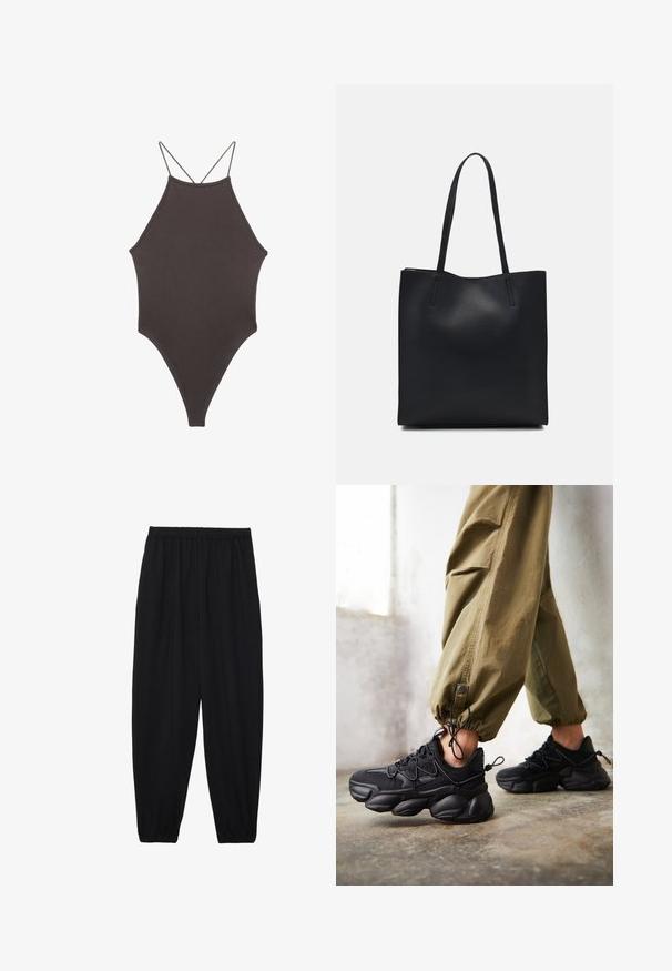 Brun højhalset heldragt badedragt med tynde, justerbare stropper; har højt skåret ben og glat tekstur. Ingen mønstre eller udsmykninger.; Sort, lette bukser med elastisk talje og sammenfoldede ankler. Stoffet er glat og har et afslappet, indsnævret design.; Person iført sorte chunky sneakers og olivengrønne cargo-bukser står på et betonifloor tæt på en hvid væg.; Sort læder tote taske med glat tekstur, rektangulær form og to lange hanke. Ingen synlig hardware eller udsmykninger.