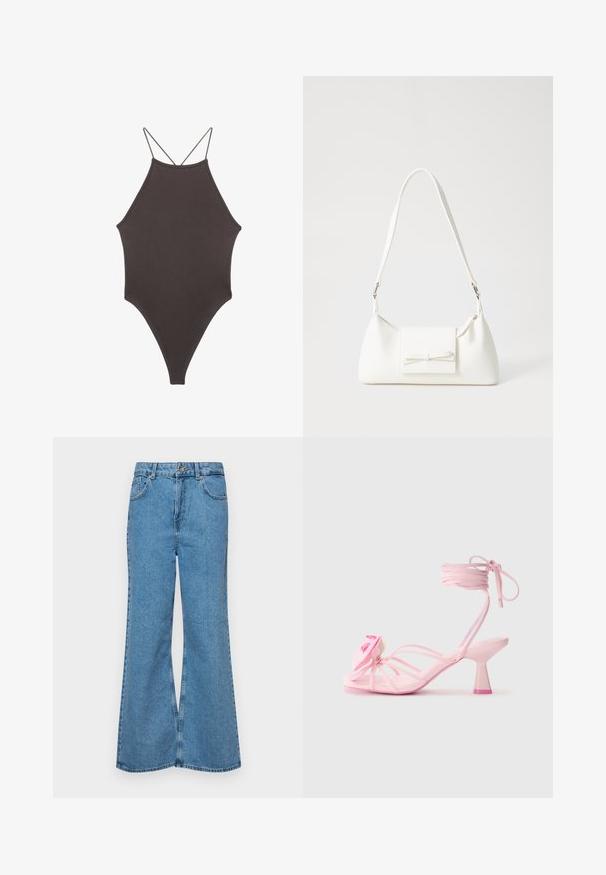 Hnědé, jednodílné plavky s vysokým krkem a tenkými, nastavitelnými ramínky; mají vysoký střih nohavic a hladkou texturu. Žádné vzory ani ozdoby.; Světle modré rozšířené džíny z denimu, se zvýšeným pasem, pěti kapsami a jedním knoflíkem na zapínání. Měkký povrch s vybledlým vzhledem.; Růžové sandály na podpatku s tenkými pásky a květinovým akcentem na špičce. Podpatek má robustní design s kontrastním růžovým špičkou. Hladký povrch.; Bílá syntetická kabelka v trojúhelníkovém tvaru, s plochým předním klopným víkem a detailem mašle, nastavitelným popruhem, hladkým povrchem a minimalistickým designem.