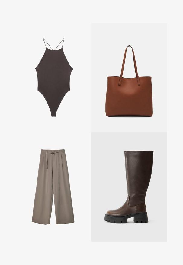 Hnědé, jednodílné plavky s vysokým krkem a tenkými, nastavitelnými ramínky; mají vysoký střih nohavic a hladkou texturu. Žádné vzory ani ozdoby.; Kalhoty s širokými nohavicemi v měkké, tlumené šedé látce, s páskem v pase a sklady pro přidaný designový detail. Hladká textura, bez vzorů.; Hnědé kozačky do výšky kolen vyrobené z hladké syntetické kůže, s robustní černou platformou a minimálním prošíváním pro elegantní design.; Hnědá kožená taška přes rameno s hladkou texturou, otevřeným designem a dvěma ramenními popruhy. Obsahuje minimální švy a žádné viditelné kovové prvky.