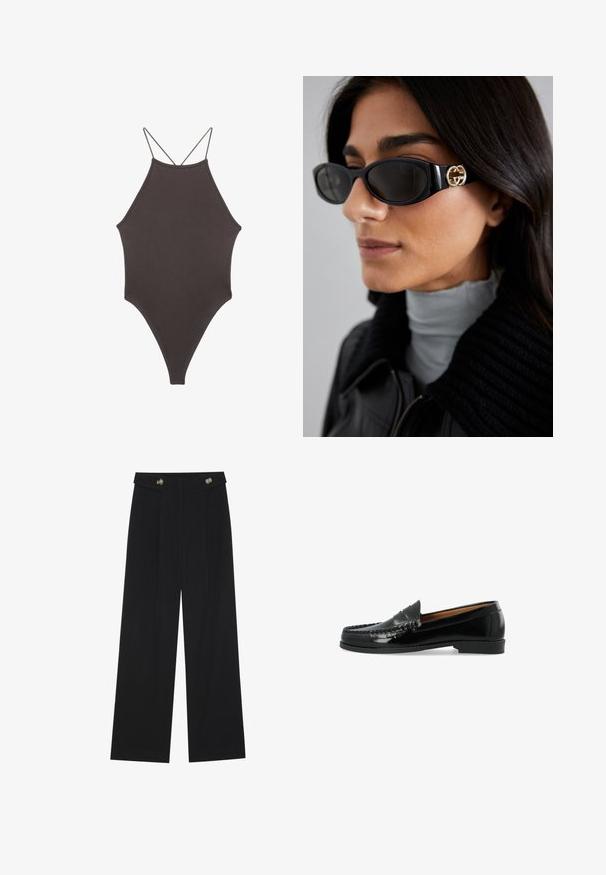 Brun, hög nacke baddräkt med tunna, justerbara remmar; har högskuren ben och slät textur. Inga mönster eller dekorationer.; Svarta vida byxor med hög midja, knäppdetaljer i midjan och framfickor.; Svart läderloafer med en glansig finish, med en stickad dekorativ rem och en platt gummisula. Klassisk design, låg profil.; Svarta solglasögon med en elegant rektangulär ram och en guldfärgad logotypaccent på sidan. Mörka linser och en blank yta är framträdande.; Svart lädertoffelväska med slät textur, rektangulär form och två långa handtag. Ingen synlig hårdvara eller dekorationer.