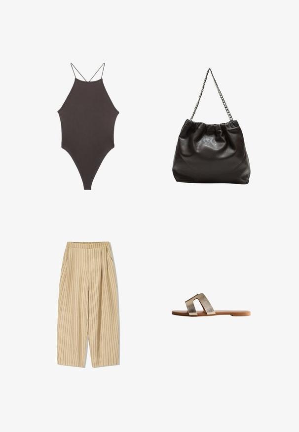 Brązowy jednoczęściowy kostium kąpielowy z wysokim dekoltem i cienkimi, regulowanymi ramiączkami; charakteryzuje się wysokim krojem nogawek i gładką teksturą. Bez wzorów ani ozdób.; Beżowe spodnie w paski z elastycznym pasem, z dwoma bocznymi kieszeniami, luźnym fasonem i pionowymi czarnymi prążkami jako detal.; Złote, metaliczne płaskie sandały z dwiema szerokimi paskami, płaską, brązową podeszwą i gładką teksturą. Minimalistyczny design odpowiedni do codziennego noszenia.; Brązowa skórzana torba z marszczonym szczytem i łańcuszkowym paskiem. Gładka tekstura z błyszczącym wykończeniem i subtelnymi detalami szwów po bokach.