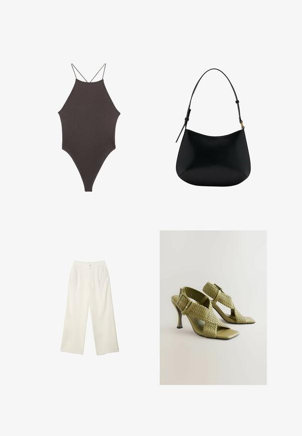 Smeđi jednodijelni kupaći kostim s visokim ovratnikom i tankim, prilagodljivim trakama; ima visoko izrezane nogavice i glatku teksturu. Bez uzoraka ili dekoracija.; Hlače širokih nogavica od kremaste tkanine s glatkom teksturom, s jednim prednjim gumbom, suptilnim plitvicama i visokim strukom.; Zelene tkanine sandale s petom s podesivim kopčanjem, kvadratnim otvorenim prstima i glatkom đonom. Imaju elegantnu, vitku visoku petu i teksturirane trake.; Crna kožna torba za rame s glatkom teksturom, zakrivljenim oblikom i podesivom drškom. Sadrži minimalne šavove i jednostavan dizajn.