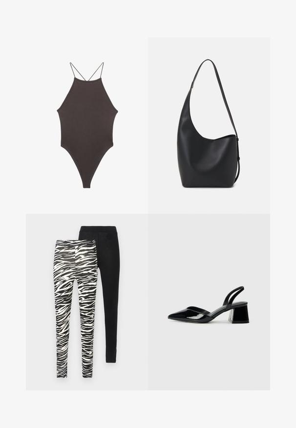 Bruine, hoge hals ééndelige zwempak met dunne, verstelbare schouderbandjes; beschikt over een hoge beenuitsnijding en een gladde textuur. Geen patronen of versieringen.; Twee paren leggings: de ene met een patroon van zwart-witte zebrastripes, de andere effen zwart. Beide zijn voorzien van elastische taillebanden.; Zwarte gepatineerde leren slingback hakken met een spitse neus en een geometrische blokhak. Kenmerkt zich door een slank, minimalistisch ontwerp en een gladde textuur.; Zwarte leren hobo tas met een gladde textuur, kromme vorm en een enkele verstelbare schouderband; heeft een brede opening aan de bovenkant.