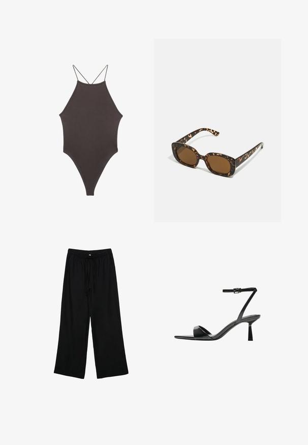 Brown, high-neck one-piece swimsuit with thin, adjustable straps; features a high-cut leg and smooth texture. No patterns or embellishments.; Black, lightweight wide-leg pants with an elastic waistband and drawstring. Smooth texture, no visible patterns or hardware.; Bershka High heeled sandals - black; Tortoiseshell sunglasses with a rounded, chunky frame and brown lenses. Features subtle patterns and straight, tapered arms.