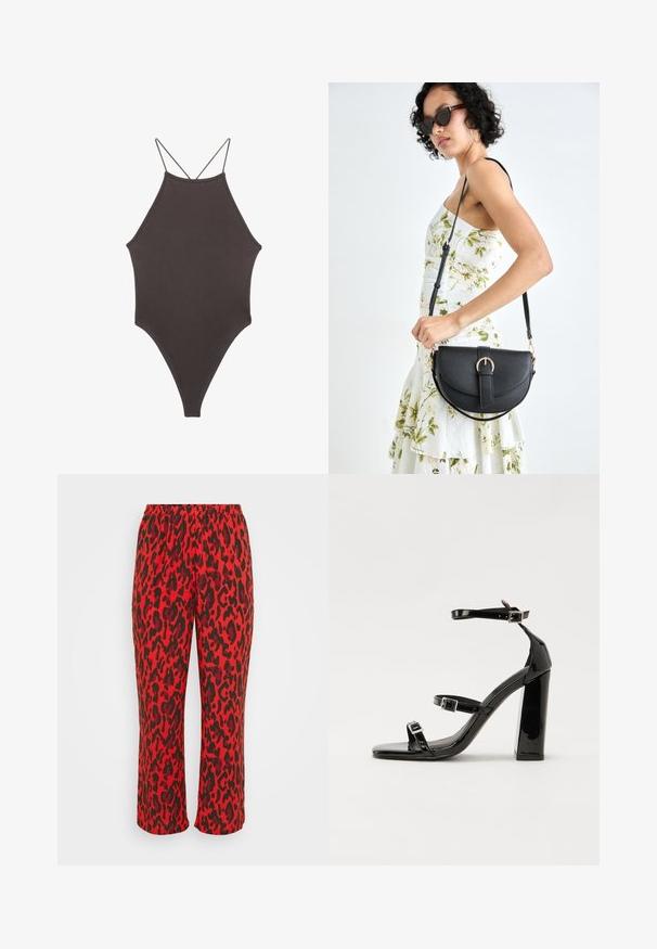 Hnedé, vysoký krk jednodielne plavky s tenkými, nastaviteľnými ramienkami; s vysokým strihom na nohách a hladkým povrchom. Bez vzorov alebo ozdôb.; Červené nohavice s leopardím vzorom a čiernymi akcentmi, s elastickým pásom a rovnými nohavicami. Vyrobené z mäkkej, ľahkej látky.; Čierne lakované sandále na podpätku so štvorcovou špičkou, navlečenými remienkami okolo členku a striebornými prackami. Disponujú masívnym blokovým podpätkom pre stabilitu.; Čierna kožená kabelka s zaobleným tvarom, odnímateľným popruhom a zlatými doplnkami. Kabelka má klopu s detailom s prackou.