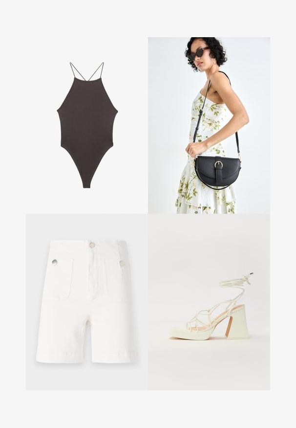 Ruskea, korkeakauluksinen yksiosainen uimapuku, jossa on ohuet, säädettävät hihnat; siinä on korkea lahje ja sileä tekstuuri. Ei kuvioita tai koristeita.; Valkoiset puuvillahousut, joissa on kaksi etutaskua ja hopeiset nappikoristeet. Suora leikkaus, sileä ja teksturoitu pinta sekä käänteet.; Valkoinen korkokenkä, jossa on paksu korko, ja joka sisältää nauhakiinnityksen ja nilkkaketjun. Sujuva pinta, jossa on platform-etupohja lisäkorkeutta varten.; Musta nahkainen käsilaukku, joka on kaareva muotoilultaan, irrotettavalla hihnalla ja kultaisilla yksityiskohdilla. Laukussa on läppä, jossa on solk yksityiskohta.