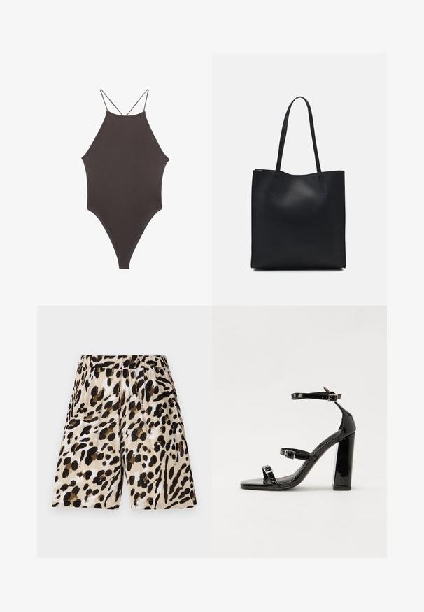 Brauner, hochgeschlossener Badeanzug mit dünnen, verstellbaren Trägern; zeichnet sich durch einen hohen Beinschnitt und eine glatte Textur aus. Keine Muster oder Verzierungen.; Leopardenmuster-Shorts mit elastischem Bund, aus leichtem Stoff gefertigt. Sie haben eine beige, schwarze und braune Farbgestaltung mit einem strukturierten Muster.; Schwarze patentierte Sandalen mit Absatz, quadratischer Spitze, Knöchelriemen und silbernen Schnallen. Mit einem stabilen Blockabsatz für mehr Stabilität.; Schwarze Laptoptasche aus Leder mit glatter Textur, rechteckiger Form und zwei langen Griffen. Keine sichtbaren Beschläge oder Verzierungen.