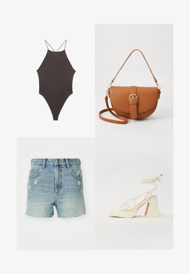 Brun, hög nacke baddräkt med tunna, justerbara remmar; har högskuren ben och slät textur. Inga mönster eller dekorationer.; Ljusblå jeansshorts med fransad fåll och vit prästkragembrodyr på fram- och bakfickorna. Hög midja.; Vit högklackad sandal med en kraftig klack, med ett remdesign och ankelband. Slät textur med en plattform framtill för ökad höjd.; Brun läder crossbody-väska med en böjd form, gyllene detaljer och en spänneaccent. Har en avtagbar axelrem.