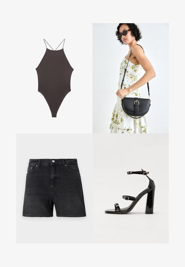 Maillot de bain une pièce marron à col montant avec des bretelles fines et réglables ; présente une jambe haute et une texture lisse. Aucun motif ni embellissement.; Shorts en denim noir à la coupe classique, avec une fermeture à bouton, des poches devant et un tissu lisse au fini légèrement texturé.; Sandales à talons vernies noires avec un bout carré, des sangles autour de la cheville et des boucles en argent. Dotées d'un talon bloc épais pour plus de stabilité.; Sac à main en cuir noir avec une forme courbée, bandoulière amovible et des accessoires en or. Le sac est doté d'un rabat avec un détail de boucle.