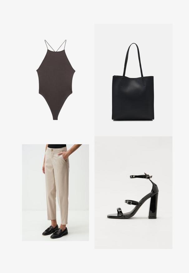 Brązowy jednoczęściowy kostium kąpielowy z wysokim dekoltem i cienkimi, regulowanymi ramiączkami; charakteryzuje się wysokim krojem nogawek i gładką teksturą. Bez wzorów ani ozdób.; Beżowe dopasowane spodnie z bocznymi kieszeniami, zwężanym krojem i zapięciem na guzik w pasie, zestawione z czarnymi loafersami z frędzlami.; Czarne lakierowane sandały na obcasie z kwadratowym noskiem, z paskami wokół kostki i srebrnymi klamrami. Posiadają masywny słupek dla stabilności.; Czarna skórzana torba tote o gładkiej fakturze, prostokątnym kształcie i dwóch długich uchwytach. Brak widocznych elementów metalowych i ozdób.