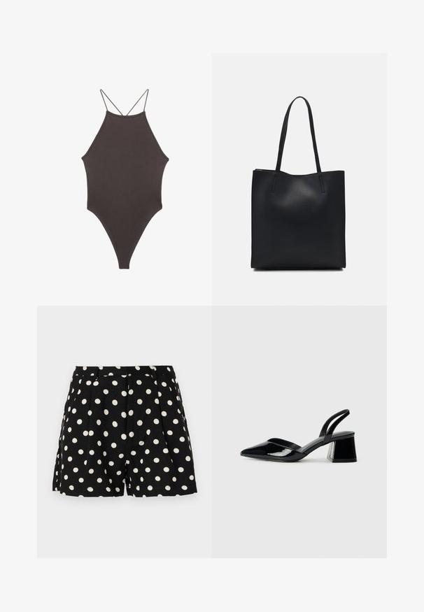 Brun højhalset heldragt badedragt med tynde, justerbare stropper; har højt skåret ben og glat tekstur. Ingen mønstre eller udsmykninger.; Sorte shorts med hvide prikker, der har folder foran og sidelommer. Fremstillet af et let materiale.; Sorte patentlæder slingback hæle med spids tå og en geometrisk blok hæl. Har et elegant, minimalistisk design og en glat tekstur.; Sort læder tote taske med glat tekstur, rektangulær form og to lange hanke. Ingen synlig hardware eller udsmykninger.