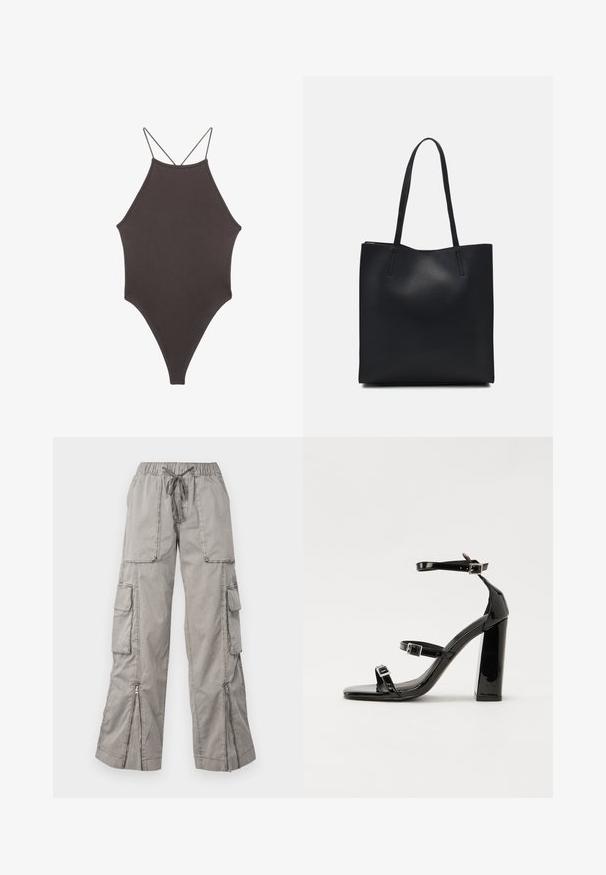 Brauner, hochgeschlossener Badeanzug mit dünnen, verstellbaren Trägern; zeichnet sich durch einen hohen Beinschnitt und eine glatte Textur aus. Keine Muster oder Verzierungen.; Helle graue Cargo-Hosen mit elastischem Bund, verstellbarem Knoten, mehreren seitlichen Taschen und Reißverschlussabschlüssen. Hergestellt aus weichem, leichtem Material.; Schwarze patentierte Sandalen mit Absatz, quadratischer Spitze, Knöchelriemen und silbernen Schnallen. Mit einem stabilen Blockabsatz für mehr Stabilität.; Schwarze Laptoptasche aus Leder mit glatter Textur, rechteckiger Form und zwei langen Griffen. Keine sichtbaren Beschläge oder Verzierungen.