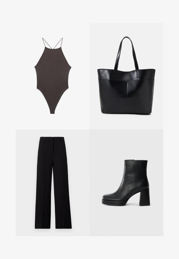 Hnědé, jednodílné plavky s vysokým krkem a tenkými, nastavitelnými ramínky; mají vysoký střih nohavic a hladkou texturu. Žádné vzory ani ozdoby.; Černé kalhoty s širokými nohavicemi vyrobené z hladké látky, s plochým předním dílem a čistým pasem s poutky na opasek, bez viditelných kapes nebo ozdob.; Černý kožený kotníkový bot s blokovým podpatkem a platformou, viděný z boku na jednoduchém bílém pozadí.; Černá kožená taška s dlouhými ušima, hladkým povrchem a strukturovaným tvarem. Obsahuje přední kapsu pro další úložný prostor.