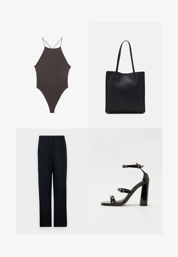 Smeđi jednodijelni kupaći kostim s visokim ovratnikom i tankim, prilagodljivim trakama; ima visoko izrezane nogavice i glatku teksturu. Bez uzoraka ili dekoracija.; Crne lanene hlače s ravnim krojem, s ravnim prednjim dijelom, petljama za remen i jednim prednjim naborkom. Glatka tekstura, prilagođeni fit.; Crne lakirane sandale na pete sa kvadratnim nosom, trakama oko gležnja i srebrnim kopčama. Imaju čvrst blok petu za stabilnost.; Crna kožna torba za nošenje s glatkom teksturom, pravokutnim oblikom i dvije duge ručke. Nema vidljivih metalnih dijelova ili ukrasa.