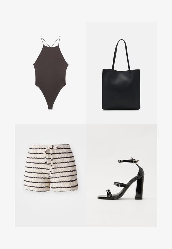 Brauner, hochgeschlossener Badeanzug mit dünnen, verstellbaren Trägern; zeichnet sich durch einen hohen Beinschnitt und eine glatte Textur aus. Keine Muster oder Verzierungen.; Strickshorts in Creme mit schwarzen Streifen. Verfügt über einen Kordelzugbund und strukturierte Stoff. Kurze Länge, lässiges Design.; Schwarze patentierte Sandalen mit Absatz, quadratischer Spitze, Knöchelriemen und silbernen Schnallen. Mit einem stabilen Blockabsatz für mehr Stabilität.; Schwarze Laptoptasche aus Leder mit glatter Textur, rechteckiger Form und zwei langen Griffen. Keine sichtbaren Beschläge oder Verzierungen.