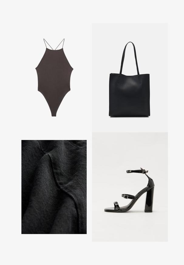 Rjav, enodelni kopalke z visokim ovratnikom in tankimi nastavljivimi naramnicami; ima visok rez na nogah in gladko teksturo. Brez vzorcev ali okrasnih elementov.; Črna teksturirana tkanina z tkanim vzorcem, ki prikazuje mehke, gladke linije in rahlo sijaj, nabrana tako, da poudari konture in globino.; Črne lakirane sandale s peto, kvadratnim prstom, trakovi okrog gležnja in srebrnimi zaponkami. Opremljene so s stabilno Debelo peto.; Črna usnjena torba s svilnato teksturo, pravokotne oblike in dvema dolgima ročajema. Brez vidnih metalnih delov ali okrasnih elementov.