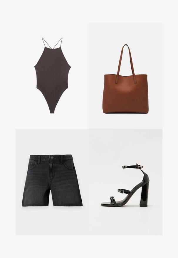Rjav, enodelni kopalke z visokim ovratnikom in tankimi nastavljivimi naramnicami; ima visok rez na nogah in gladko teksturo. Brez vzorcev ali okrasnih elementov.; Črne jeans kratke hlače klasičnega kroja, ki imajo pet žepov, gumbasto zapiranje in subtilno zbledelost v teksturi blaga.; Črne lakaste sandale z visokimi petami, z dvema trakovoma z zaponkama, kvadratnim sprednjim delom in masivno širšo peto, z gladko, sijočo teksturo.; Rjava usnjena torba z gladko teksturo, odprto zasnovo zgoraj in dvema naramnima trakovoma. Opremljena je z minimalnim šivanjem in brez vidnih kovinskih delov.
