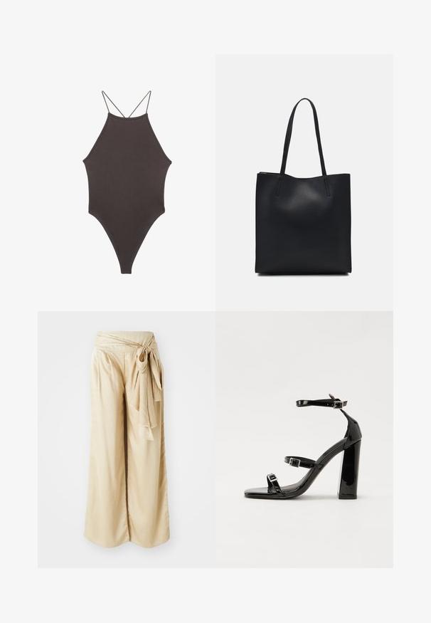 Brun, hög nacke baddräkt med tunna, justerbara remmar; har högskuren ben och slät textur. Inga mönster eller dekorationer.; Breda byxor i mjuk beige tyg, med en inslaget midjeband och knytdetalj. Slät yta med en flödande design.; Svarta lackerade högklackade sandaler med två spännband, fyrkantig tå och en tjock klack, med en slät och glansig yta.; Svart lädertoffelväska med slät textur, rektangulär form och två långa handtag. Ingen synlig hårdvara eller dekorationer.