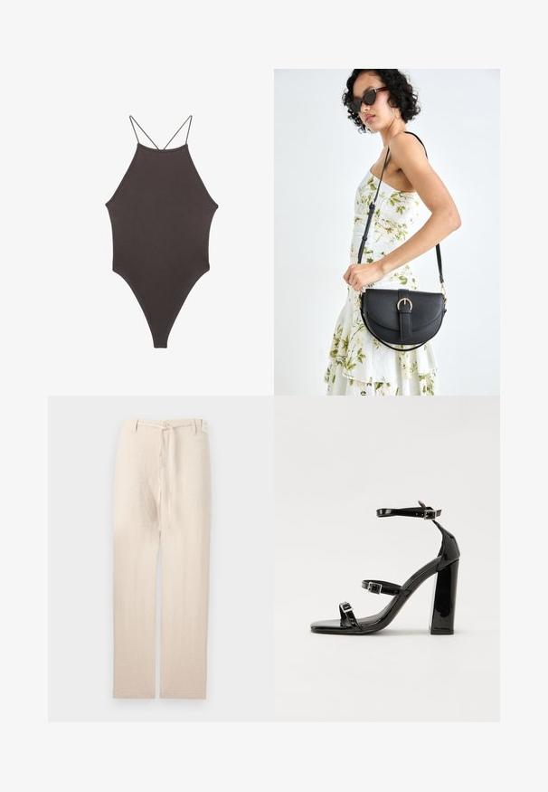 Brun, hög nacke baddräkt med tunna, justerbara remmar; har högskuren ben och slät textur. Inga mönster eller dekorationer.; Beige linnebyxor med rak ben design, som har en knäppning och ett tygband i midjan, vilket ger ett lätt och texturerat utseende.; Svarta lackerade högklackade sandaler med två spännband, fyrkantig tå och en tjock klack, med en slät och glansig yta.; Svart läderhandväska med en böjd form, avtagbar rem och guldiga detaljer. Väskan har ett lock med en spänndetalj.