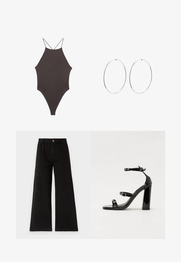 Smeđi jednodijelni kupaći kostim s visokim ovratnikom i tankim, prilagodljivim trakama; ima visoko izrezane nogavice i glatku teksturu. Bez uzoraka ili dekoracija.; Crne široke hlače od teksturiranog pamuka imaju prednje dugme za zatvaranje, petlje za remen i ravne nogavice s čistim detaljima šivanja.; Crne lakirane sandale na visoku petu s dva remena s kopčama, kvadratnim vrhom i masivnom blok petom, s glatkom, sjajnom teksturom.; Srebrne naušnice od obruča s glatkim, okruglim dizajnom i poliranim završetkom. Tanak su i lagani, s jednostavnim zatvaranjem.