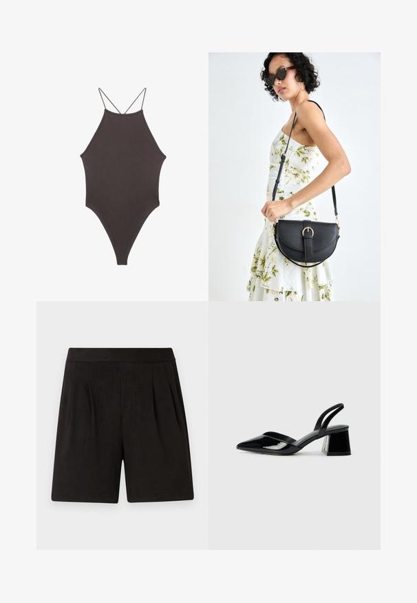 Hnědé, jednodílné plavky s vysokým krkem a tenkými, nastavitelnými ramínky; mají vysoký střih nohavic a hladkou texturu. Žádné vzory ani ozdoby.; Černé šortky vyrobené z měkké tkaniny, s hladkým povrchem, elastickým pasem a skládáním vpředu. Jednoduché a bez ozdob.; Černé lakované kožené lodičky na pásku s špičatou špičkou a geometrickým blokovým podpatkem. Vyznačují se elegantním, minimalistickým designem a hladkým povrchem.; Černá kožená kabelka s křivkovým tvarem, odnímatelným popruhem a zlatými detaily. Kabelka má klopu s přezkou.