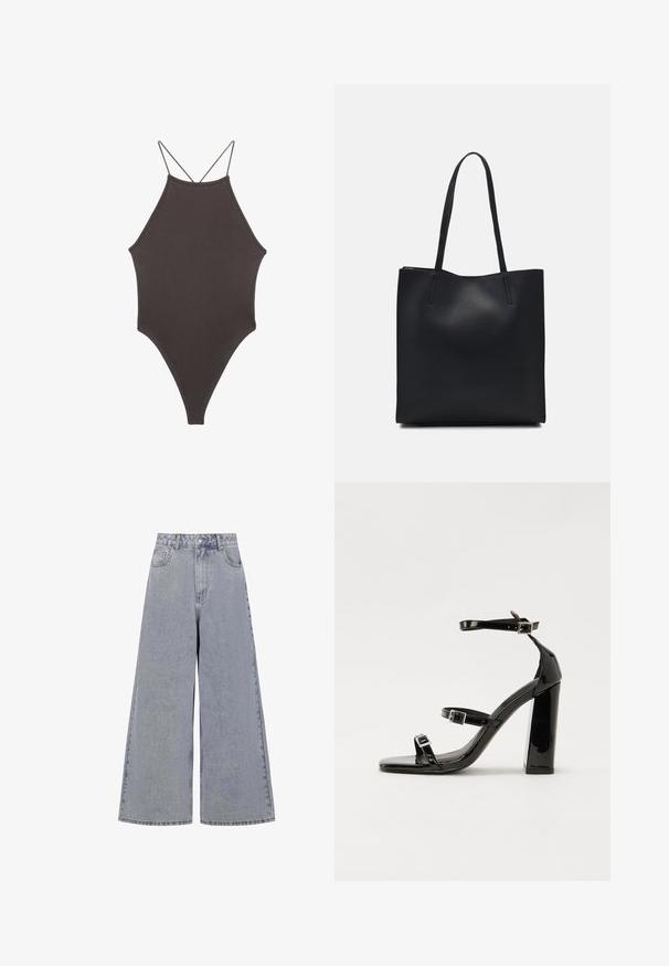 Ruskea, korkeakauluksinen yksiosainen uimapuku, jossa on ohuet, säädettävät hihnat; siinä on korkea lahje ja sileä tekstuuri. Ei kuvioita tai koristeita.; Vaaleansiniset leveät farkut, jotka on valmistettu denimestä, korkea vyötärö, neljä taskua ja klassinen nappikiinnitys, jossa on hieno haalistus.; Musta kiiltävä korkokenkä sandaalit neliönmuotoisella varpaalla, nilkkaremmillä ja hopeisilla soljilla. Varustettu tukevalla lohkokorkealla vakauden takaamiseksi.; Mustapahkainen kangaskassi, jossa on sileä pinta, suorakaiteen muotoinen ja kaksi pitkää kahvaa. Ei näkyvää metalliosaa tai koristeita.