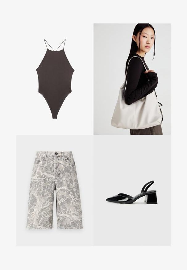 Hnedé, vysoký krk jednodielne plavky s tenkými, nastaviteľnými ramienkami; s vysokým strihom na nohách a hladkým povrchom. Bez vzorov alebo ozdôb.; Džínsy s maskáčovým vzorom v odtieňoch šedej a béžovej, s klasickým dizajnom piatich vreciek a kovovým zapínaním.; Čierne lakované kožené sandálové podpätky s špicatou špičkou a geometrickým blokovým podpätkom. Disponujú elegantným, minimalistickým dizajnom a hladkým povrchom.; Béžová kabelka vyrobená z mäkkého materiálu, s uvoľneným dizajnom, prišitými detailmi a dvoma popruhmi na nosenie na pleciach. Vhodná na každodenné nosenie.