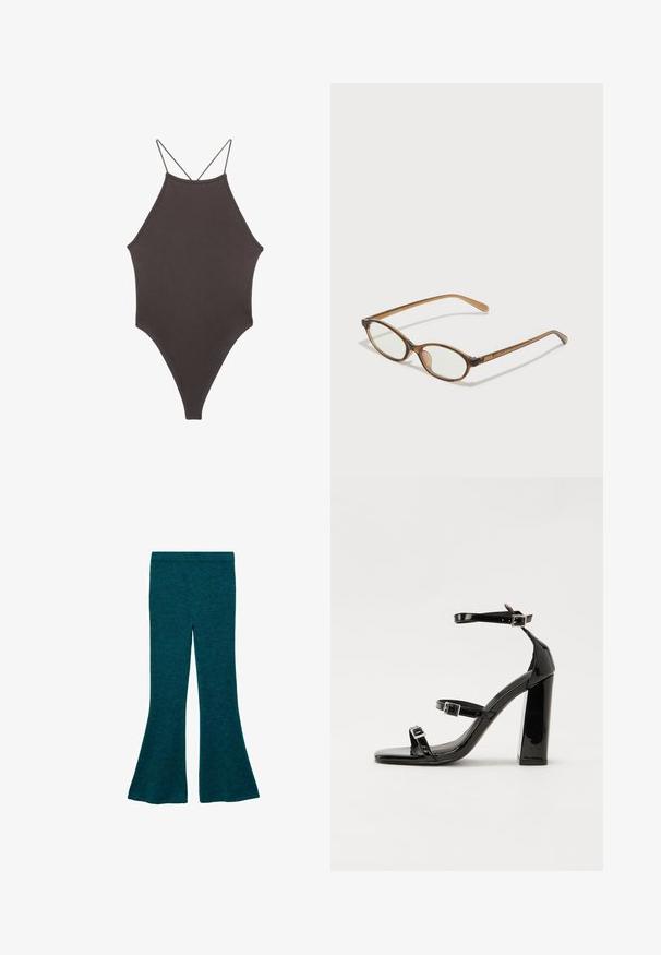 Brun, hög nacke baddräkt med tunna, justerbara remmar; har högskuren ben och slät textur. Inga mönster eller dekorationer.; Tealfärgade utsvängda byxor gjorda av ett mjukt, texturerat tyg, med en åtsittande midja och en vid byxdelsdesign för en avslappnad passform.; Svarta lackerade klacksandaler med fyrkantig tå, ankelremmar och silverfärgade spännen. Har en kraftig blockklack för stabilitet.; Bruna sköldpaddsformade glasögon med ovala linser, tunna skalmar och transparanta detaljer. Innehåller en diskret logotyp på bågen. Snygg, lätt design.; Svart läderhandväska med en böjd form, avtagbar rem och guldiga detaljer. Väskan har ett lock med en spänndetalj.