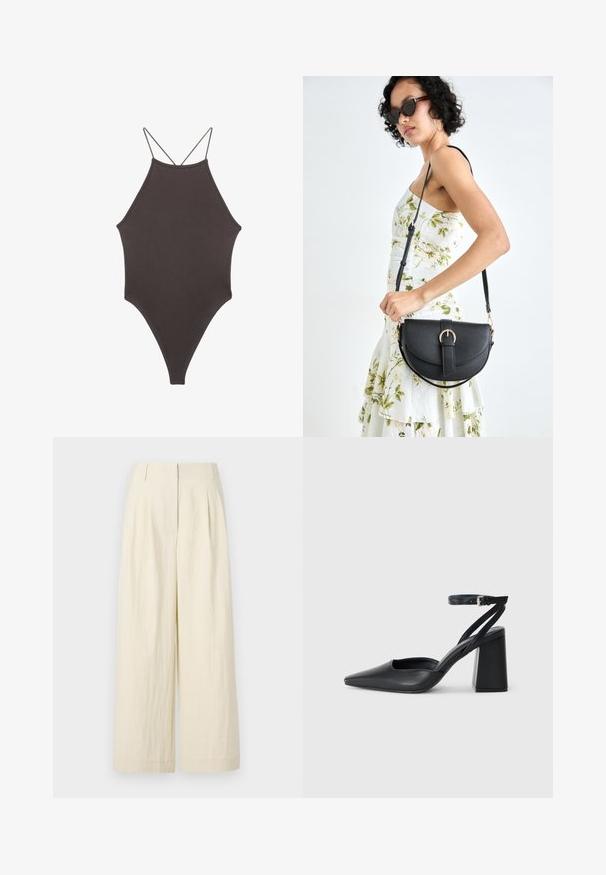 Maillot de bain une pièce marron à col montant avec des bretelles fines et réglables ; présente une jambe haute et une texture lisse. Aucun motif ni embellissement.; Pantalons à jambes larges couleur crème en tissu texturé. Présentent des plis sur le devant et une taille haute, offrant un ajustement ample tout au long.; Escarpin noir en cuir à bout pointu avec une bride de cheville et un talon épais. Texture lisse, design élégant et esthétique minimaliste.; Sac à main en cuir noir avec une forme courbée, bandoulière amovible et des accessoires en or. Le sac est doté d'un rabat avec un détail de boucle.