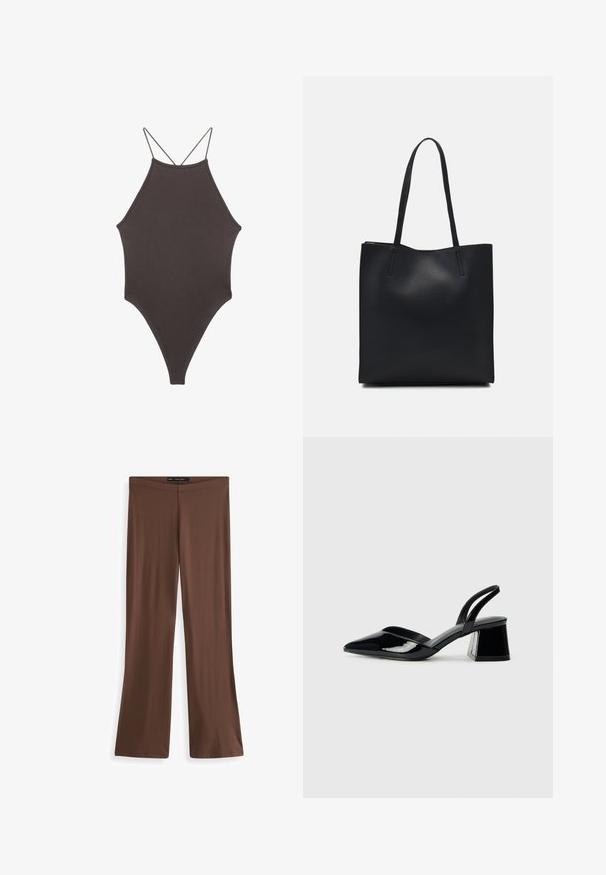 Hnedé, vysoký krk jednodielne plavky s tenkými, nastaviteľnými ramienkami; s vysokým strihom na nohách a hladkým povrchom. Bez vzorov alebo ozdôb.; Hnedé elastické nohavice s rozšírením, hladkej textúry a elastickým pásom. Žiadne viditeľné vzory ani kovové doplnky. Jednoduchý, celodlhý dizajn.; Čierne lakované kožené sandálové podpätky s špicatou špičkou a geometrickým blokovým podpätkom. Disponujú elegantným, minimalistickým dizajnom a hladkým povrchom.; Čierna kožená taška na rameno s hladkým povrchom, obdĺžnikovým tvarom a dvoma dlhými uchami. Bez viditeľného kovania alebo ozdôb.