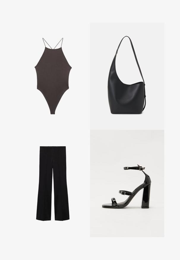 Hnědé, jednodílné plavky s vysokým krkem a tenkými, nastavitelnými ramínky; mají vysoký střih nohavic a hladkou texturu. Žádné vzory ani ozdoby.; Černé kalhoty s vysokým pasem a širokými nohavicemi, se švy na přední straně, vyrobené z hladké látky.; Černé lakované sandály na vysokém podpatku se dvěma pásky se sponami, čtvercovou špičkou a robustním blokovým podpatkem, s hladkou, lesklou texturou.; Černá kožená hobo taška s hladkým povrchem, zakřiveným tvarem a jedním nastavitelným popruhem; má široké otevírání nahoře.