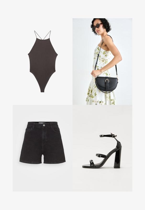 Smeđi jednodijelni kupaći kostim s visokim ovratnikom i tankim, prilagodljivim trakama; ima visoko izrezane nogavice i glatku teksturu. Bez uzoraka ili dekoracija.; Crne traperice kratke hlače s visokim strukom, pet džepova i prednjim kopčanjem na gumb. Odlikuje ih jednostavan, neukrašen dizajn.; Crne lakirane sandale na visoku petu s dva remena s kopčama, kvadratnim vrhom i masivnom blok petom, s glatkom, sjajnom teksturom.; Crna kožna torba s lukovitim oblikom, odvojivim remenom i zlatnim detaljima. Torba ima preklop s kopčom.