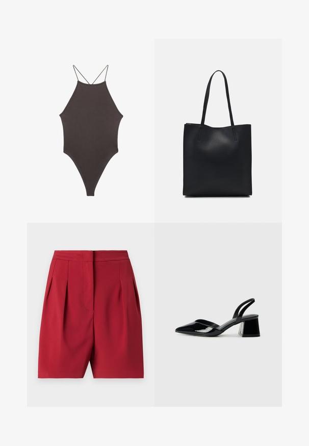 Ruskea, korkeakauluksinen yksiosainen uimapuku, jossa on ohuet, säädettävät hihnat; siinä on korkea lahje ja sileä tekstuuri. Ei kuvioita tai koristeita.; Punaiset muokatut sortsit, joissa on poimutuksia, valmistettu sileästä kankaasta. Ominaisuuksiin kuuluu muotoiltu vyötärö ja siistit linjat, jotka tarjoavat hienostuneen siluetin.; Mustat patentoitu nahkakengät, joissa on säären takaosa ja terävä kärki, sekä geometrinen palikkakorko. Sisältää tyylikkään, minimalistisen muotoilun ja sileän pinnan.; Mustapahkainen kangaskassi, jossa on sileä pinta, suorakaiteen muotoinen ja kaksi pitkää kahvaa. Ei näkyvää metalliosaa tai koristeita.
