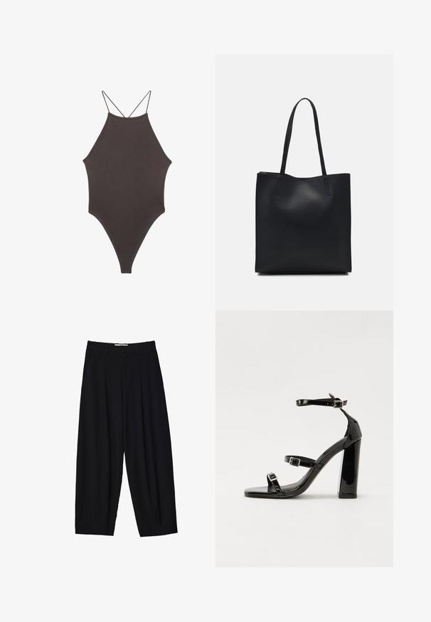 Brown, high-neck one-piece swimsuit with thin, adjustable straps; features a high-cut leg and smooth texture. No patterns or embellishments.; Black wide-leg trousers made of lightweight fabric, featuring front pleats, a classic waistband, and side pockets. Smooth texture.; Black patent heeled sandals with a square toe, ankle straps, and silver buckles. Features a chunky block heel for stability.; Black leather tote bag with smooth texture, rectangular shape, and two long handles. No visible hardware or embellishments.