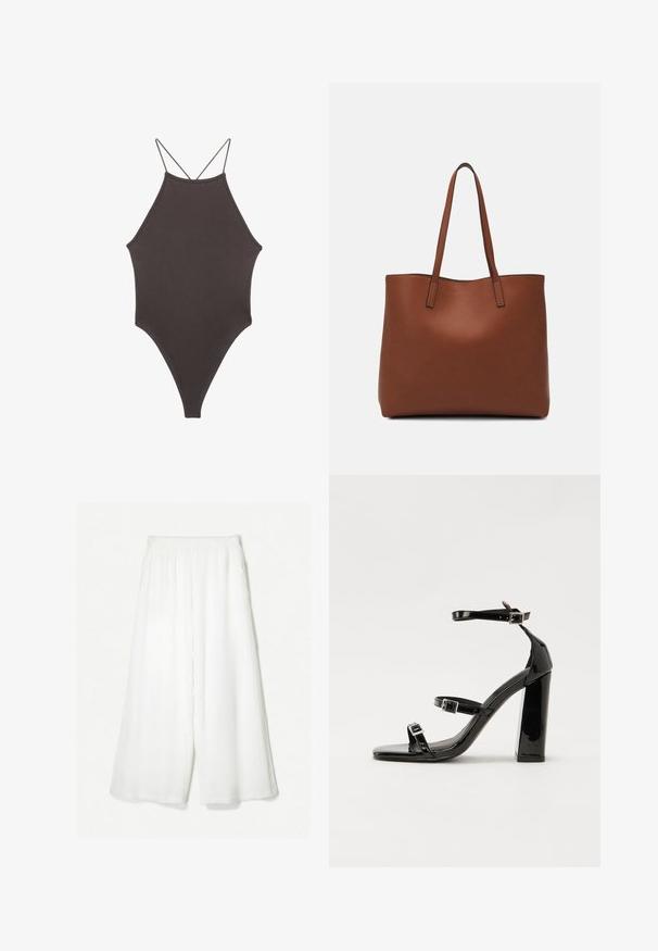 Hnědé, jednodílné plavky s vysokým krkem a tenkými, nastavitelnými ramínky; mají vysoký střih nohavic a hladkou texturu. Žádné vzory ani ozdoby.; Bílé kalhoty s širokými nohavicemi, vyrobené z texturované tkaniny. Design se vyznačuje vysokým pasem a volným siluetou bez viditelných zapínání.; Černé lakované sandály na vysokém podpatku se dvěma pásky se sponami, čtvercovou špičkou a robustním blokovým podpatkem, s hladkou, lesklou texturou.; Hnědá kožená taška přes rameno s hladkou texturou, otevřeným designem a dvěma ramenními popruhy. Obsahuje minimální švy a žádné viditelné kovové prvky.