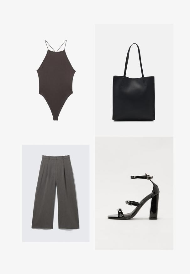 Brauner, hochgeschlossener Badeanzug mit dünnen, verstellbaren Trägern; zeichnet sich durch einen hohen Beinschnitt und eine glatte Textur aus. Keine Muster oder Verzierungen.; Grau gestreifte, weite Hose mit Gürtelschlaufen und Falten, flach auf einem weißen Hintergrund präsentiert.; Schwarze patentierte Sandalen mit Absatz, quadratischer Spitze, Knöchelriemen und silbernen Schnallen. Mit einem stabilen Blockabsatz für mehr Stabilität.; Schwarze Laptoptasche aus Leder mit glatter Textur, rechteckiger Form und zwei langen Griffen. Keine sichtbaren Beschläge oder Verzierungen.