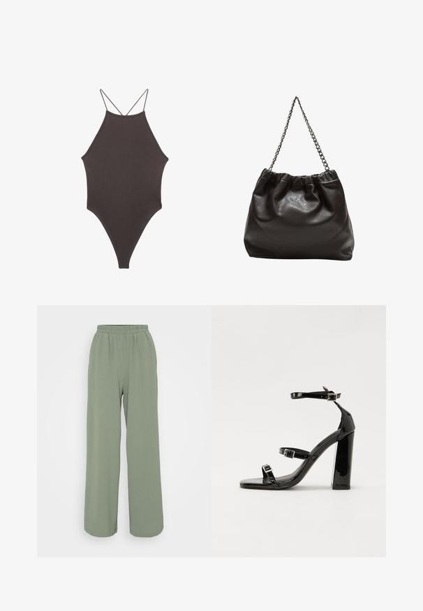 Hnědé, jednodílné plavky s vysokým krkem a tenkými, nastavitelnými ramínky; mají vysoký střih nohavic a hladkou texturu. Žádné vzory ani ozdoby.; Světlé zelené široké kalhoty s elastickým pasem, vyrobené z texturované látky. Mají měkké splývání a uvolněný střih.; Černé lakované sandály na podpatku se čtveratou špičkou, lýtkovými pásky a stříbrnými přezkami. Disponují masivním blokovým podpatkem pro stabilitu.; Hnědá kožená taška se sbíraným vrškem a řetízkovým popruhem. Hladký povrch s lesklým finišem a jemným švem na bocích.