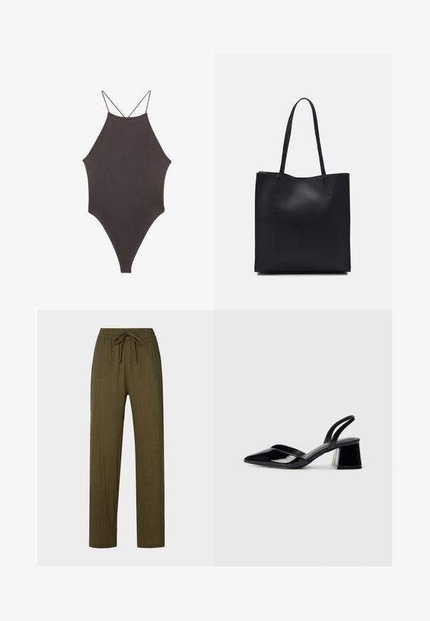 Bruine, hoge hals ééndelige zwempak met dunne, verstelbare schouderbandjes; beschikt over een hoge beenuitsnijding en een gladde textuur. Geen patronen of versieringen.; Olijfgroene, geplooide, lichtgewicht broek met een trekkoord in de taille en een rechte pijpdesign. Het materiaal heeft een zachte, gestructureerde afwerking.; Zwarte gepatineerde leren slingback hakken met een spitse neus en een geometrische blokhak. Kenmerkt zich door een slank, minimalistisch ontwerp en een gladde textuur.; Zwarte leren handtas met een gladde textuur, rechthoekige vorm en twee lange handvaten. Geen zichtbare hardware of versieringen.