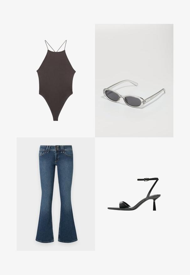 Hnědé, jednodílné plavky s vysokým krkem a tenkými, nastavitelnými ramínky; mají vysoký střih nohavic a hladkou texturu. Žádné vzory ani ozdoby.; Modré džínové zvonové kalhoty s vysokým pasem, se zapínáním na dva knoflíky, pěti kapsami a kontrastním šitím podél švů.; Bershka Sandály na vysokém podpatku - black; Sluneční brýle s oválným tvarem, průhledným plastovým rámem, tmavě šedými skly a tenkými průhlednými stranami s akcenty loga a minimálními detaily.