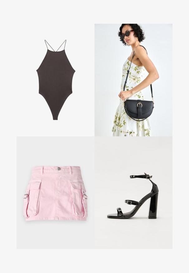 Smeđi jednodijelni kupaći kostim s visokim ovratnikom i tankim, prilagodljivim trakama; ima visoko izrezane nogavice i glatku teksturu. Bez uzoraka ili dekoracija.; Ružičasta traper suknja s dva bočna džepa, zatvaranje na srebrni snap dugme i strukturirani dizajn. Glatka tekstura s vidljivim šavovima.; Crne lakirane sandale na visoku petu s dva remena s kopčama, kvadratnim vrhom i masivnom blok petom, s glatkom, sjajnom teksturom.; Crna kožna torba s lukovitim oblikom, odvojivim remenom i zlatnim detaljima. Torba ima preklop s kopčom.