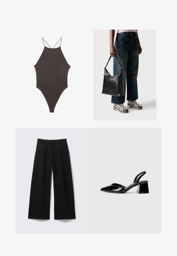 Brun højhalset heldragt badedragt med tynde, justerbare stropper; har højt skåret ben og glat tekstur. Ingen mønstre eller udsmykninger.; Bukser med vide ben i ensfarvet sort stof, med fladt frontstykke, preskant og sidelommer. Let materiale med en glat tekstur.; Sorte patentlæder slingback hæle med spids tå og en geometrisk blok hæl. Har et elegant, minimalistisk design og en glat tekstur.; Sort læder skuldertaske med en glat tekstur og justerbar skulderrem, parret med faded brede bukser og atletiske sneakers.