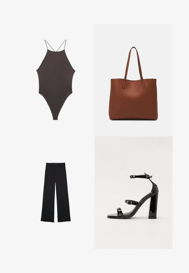 Bruine, hoge hals ééndelige zwempak met dunne, verstelbare schouderbandjes; beschikt over een hoge beenuitsnijding en een gladde textuur. Geen patronen of versieringen.; Zwarte wijde broek gemaakt van een soepele stof. Kenmerkt zich door een klassieke snit, voorzakken en een tailleband met een knoopsluiting.; Zwarte patent lederen sandalen met hoge hakken, twee gespenbanden, een vierkante neus en een stevige blokhak, met een gladde, glanzende textuur.; Bruine leren tote bag met een gladde textuur, een ontwerp met een open bovenkant en twee schouderbanden. Kenmerkt zich door minimale stiksels en geen zichtbare hardware.