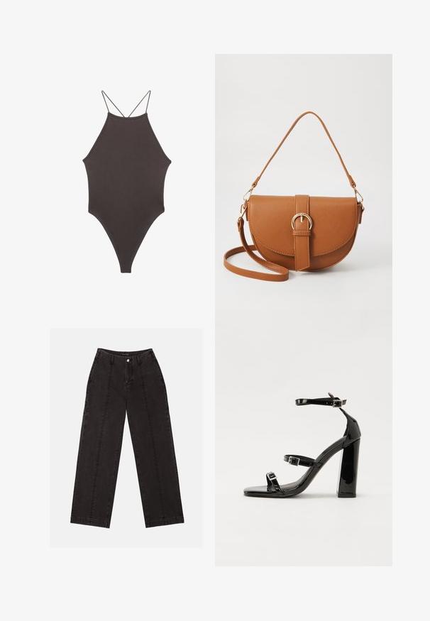 Brun, hög nacke baddräkt med tunna, justerbara remmar; har högskuren ben och slät textur. Inga mönster eller dekorationer.; Svarta vida jeans i denim, med hög midja, framknappslå och två vertikala sömmar framtill.; Svarta lackerade högklackade sandaler med två spännband, fyrkantig tå och en tjock klack, med en slät och glansig yta.; Brun läder crossbody-väska med en böjd form, gyllene detaljer och en spänneaccent. Har en avtagbar axelrem.